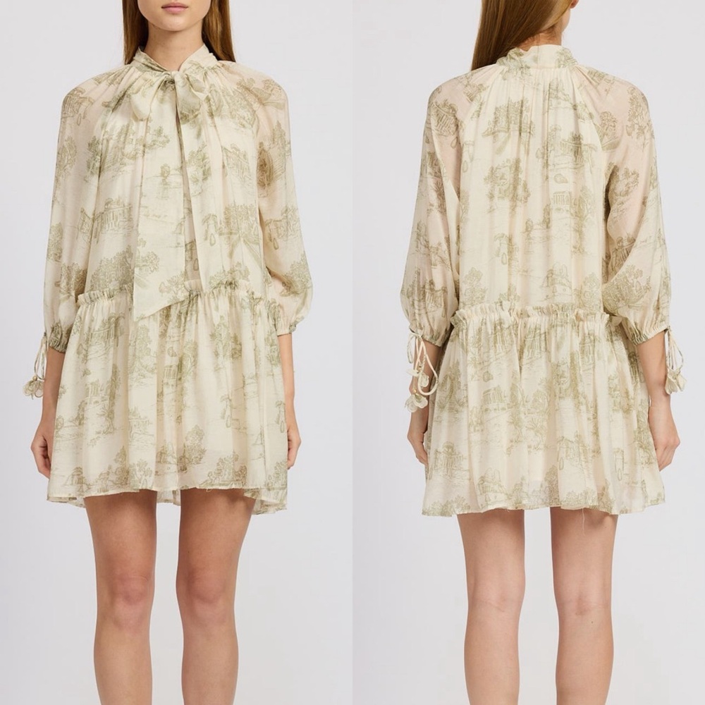 En Saison Cream Olive Leighton Toile Minidress Printed Long Sleeve Size Medium - Picture 2 of 16